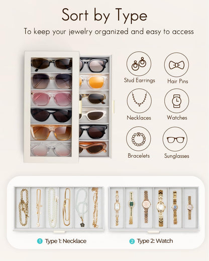 12-Slot Sunglasses Organizer Case with Clear Lid & Drawers – Velvet Eyewear Storage Box for Sunglasses, Glasses & Reading Frames, Vanity and Closet Organization