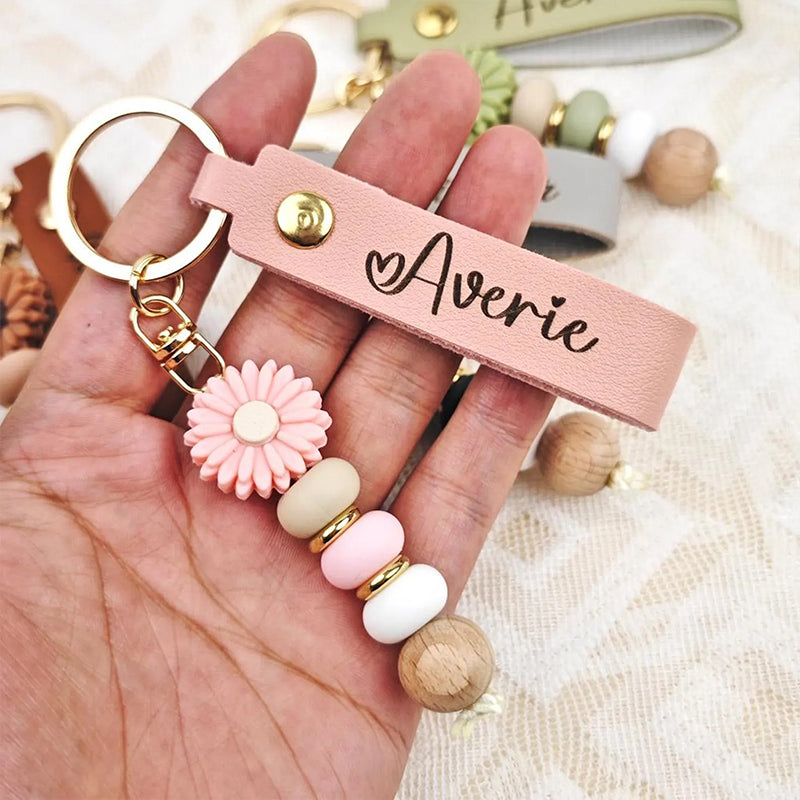 Personalized Name Daisy Beaded Teacher Keychain