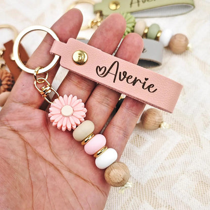 Personalized Name Daisy Beaded Teacher Keychain