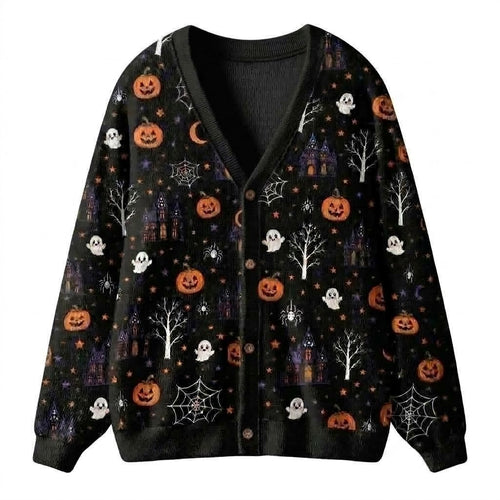 Halloween Ghost Pumpkin Pattern Teacher Ugly Cardigan Sweaters