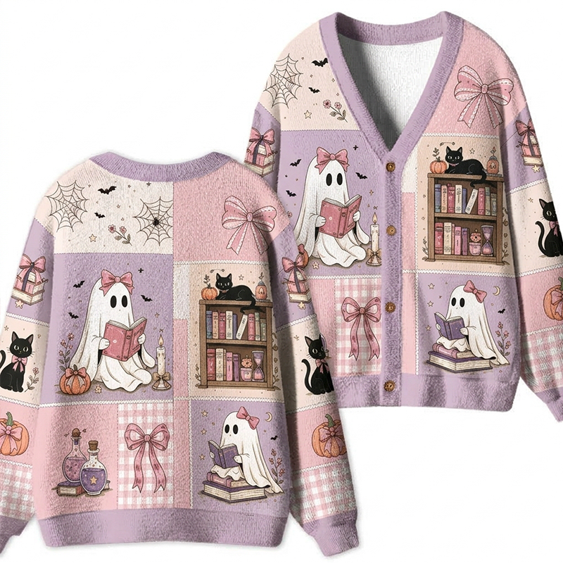 Pastel Pink Purple Ghost Book Lover Spider Web Pumpkin Teacher Ugly Cardigan Sweaters
