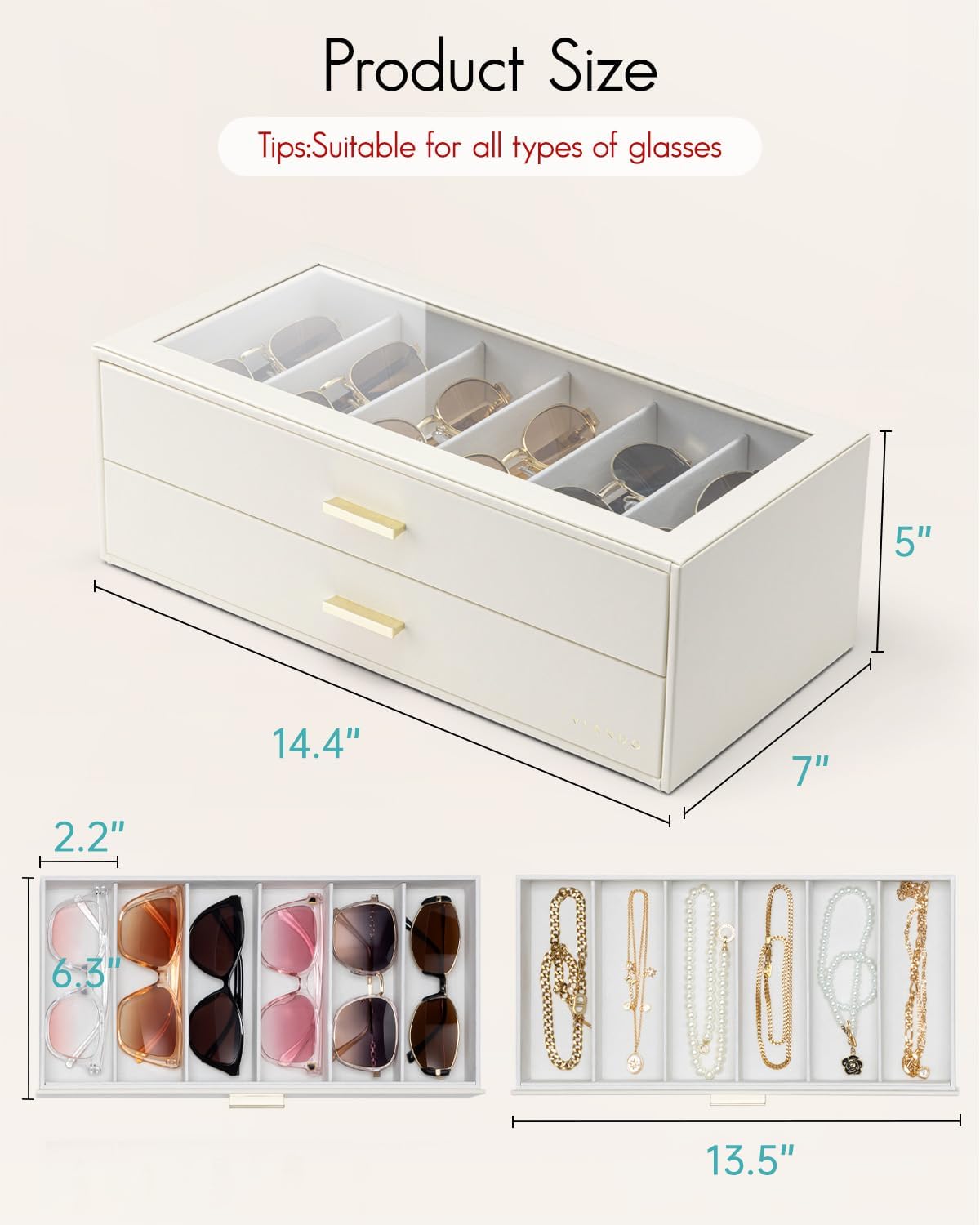 12-Slot Sunglasses Organizer Case with Clear Lid & Drawers – Velvet Eyewear Storage Box for Sunglasses, Glasses & Reading Frames, Vanity and Closet Organization