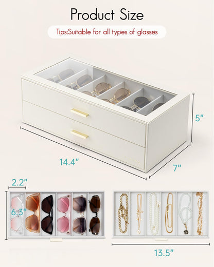 12-Slot Sunglasses Organizer Case with Clear Lid & Drawers – Velvet Eyewear Storage Box for Sunglasses, Glasses & Reading Frames, Vanity and Closet Organization