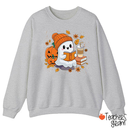 Reading Ghost Pumpkin Halloween Teacher Sweatshirt