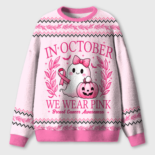 In October We Wear Pink Cute Ghost Pumpkin Ribbon Halloween Teacher Cardigan Sweater