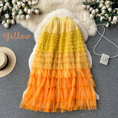 Gradient Color Irregular Mesh Long Cake Skirt Dress