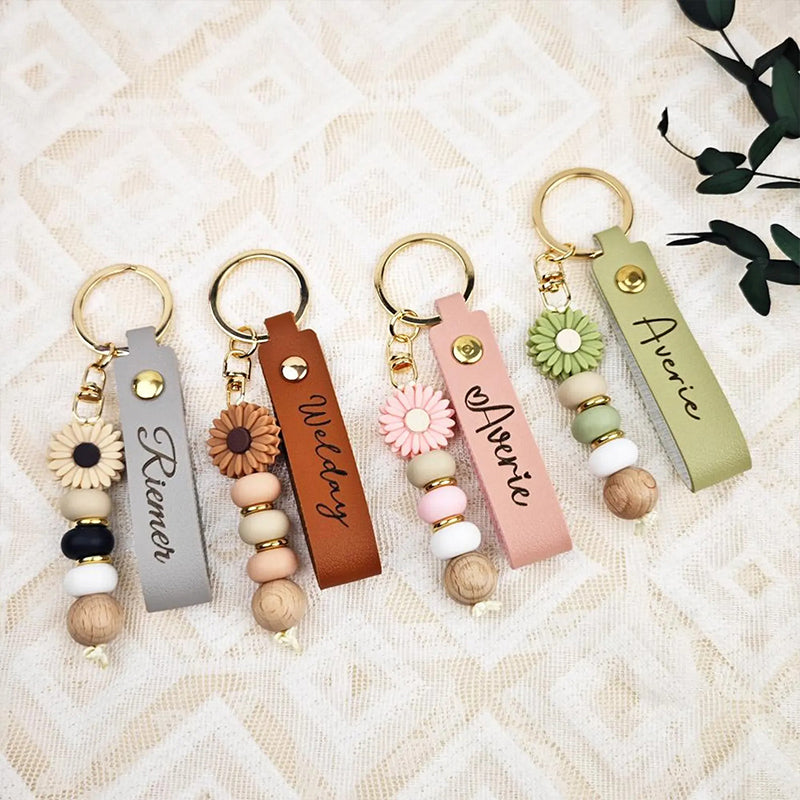 Personalized Name Daisy Beaded Teacher Keychain