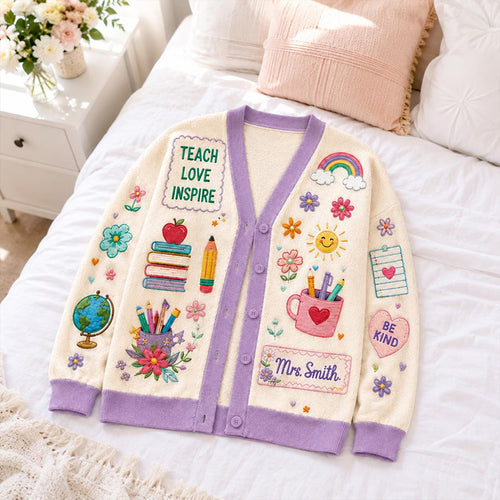 Personalized Name Teach Love Inspire Floral Teacher Ugly Cardigan Sweaters