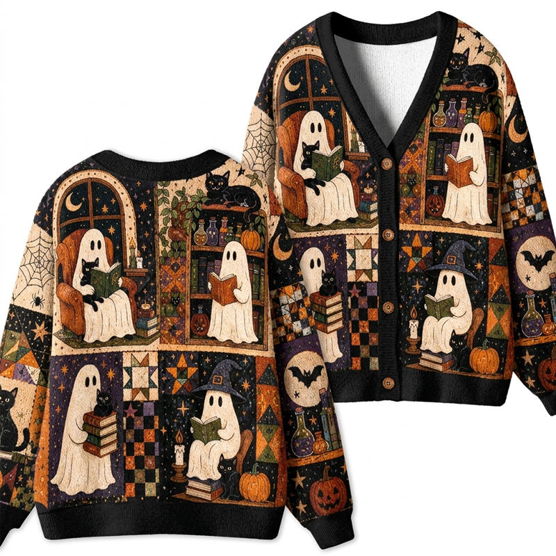 Vintage Fall Halloween Ghost Reader Spider Web Pumpkin Teacher Ugly Cardigan Sweaters