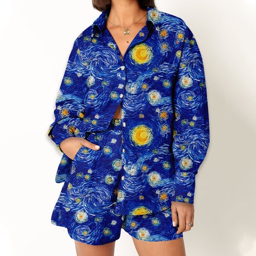 Night Of Stars And Moon Teacher Long Sleeve Shirt And Shorts Set