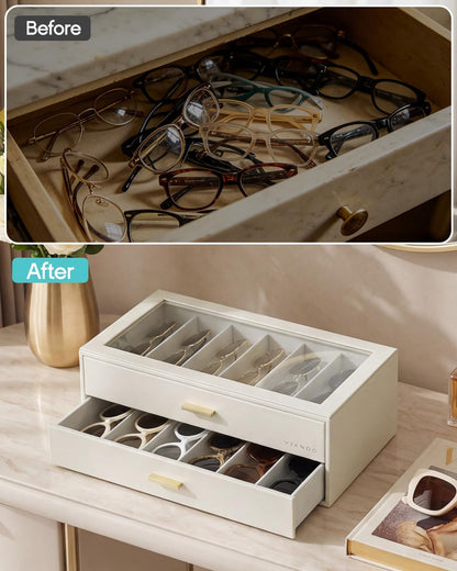 12-Slot Sunglasses Organizer Case with Clear Lid & Drawers – Velvet Eyewear Storage Box for Sunglasses, Glasses & Reading Frames, Vanity and Closet Organization