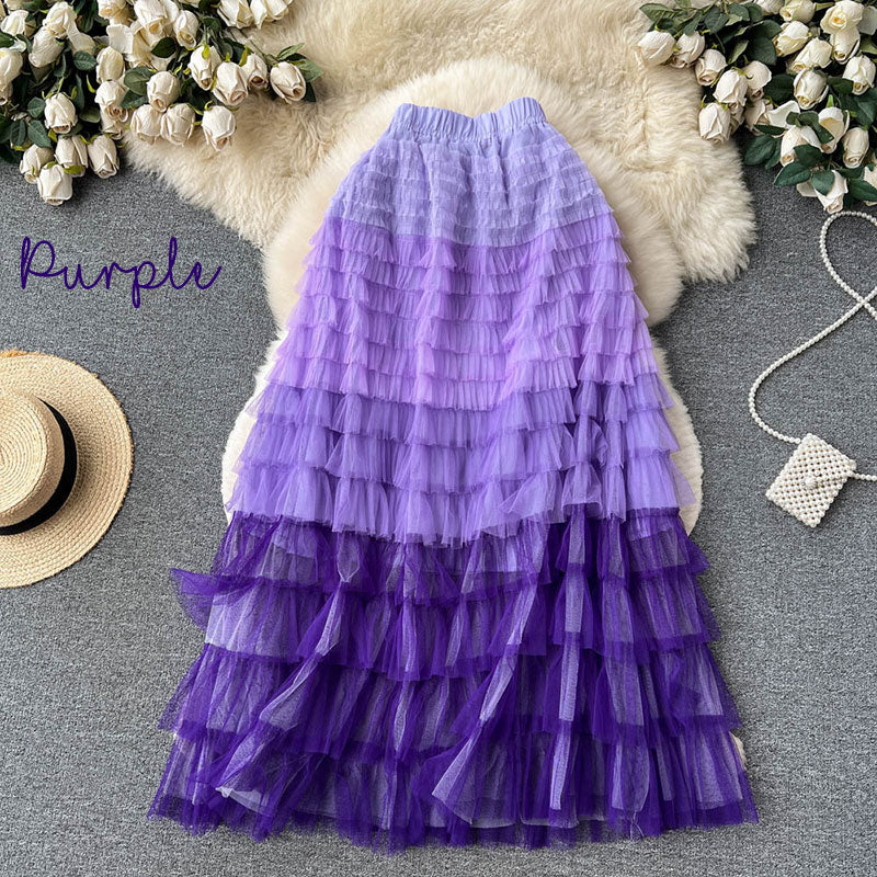 Gradient Color Irregular Mesh Long Cake Skirt Dress