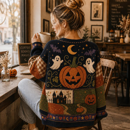 Halloween Ghost Pumpkin Black Cat Haunted House Plaid Teacher Ugly Cardigan Sweaters