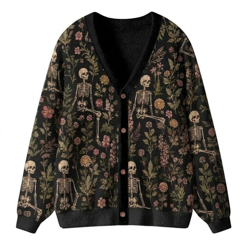 Dark Floral Skeleton Print Teacher Ugly Cardigan Sweaters