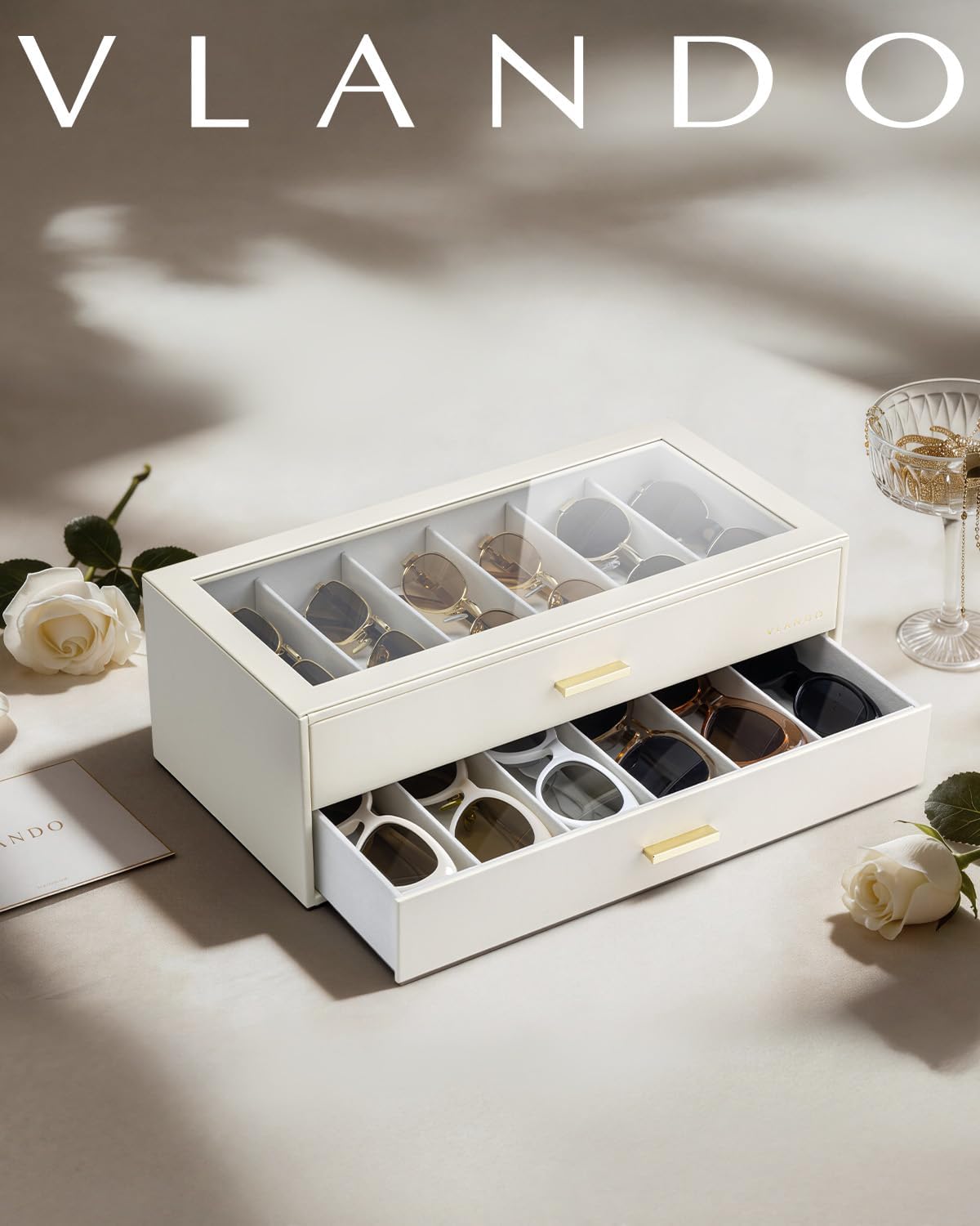 12-Slot Sunglasses Organizer Case with Clear Lid & Drawers – Velvet Eyewear Storage Box for Sunglasses, Glasses & Reading Frames, Vanity and Closet Organization