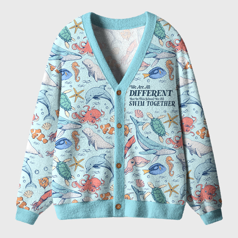 We Are Different But We All Swim Together Teacher Ugly Cardigan Sweaters