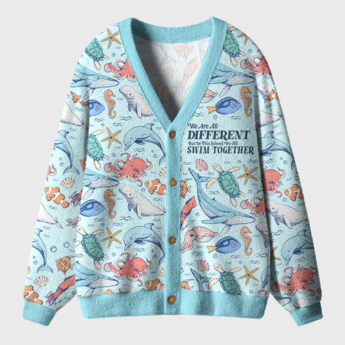 We Are Different But We All Swim Together Teacher Ugly Cardigan Sweaters