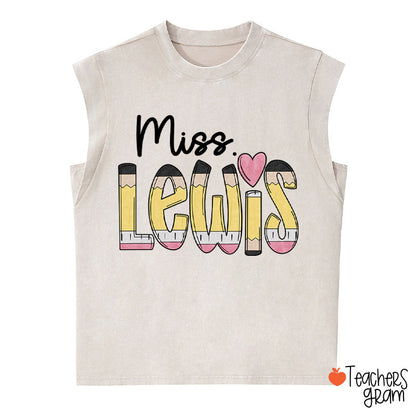 Personalized Pencil Name Teacher Female Washed Tank Top