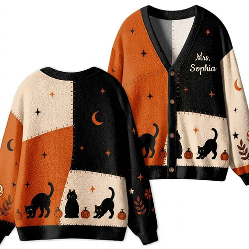 Personalized Name Patchwork Halloween Cat Teacher Ugly Cardigan Sweaters