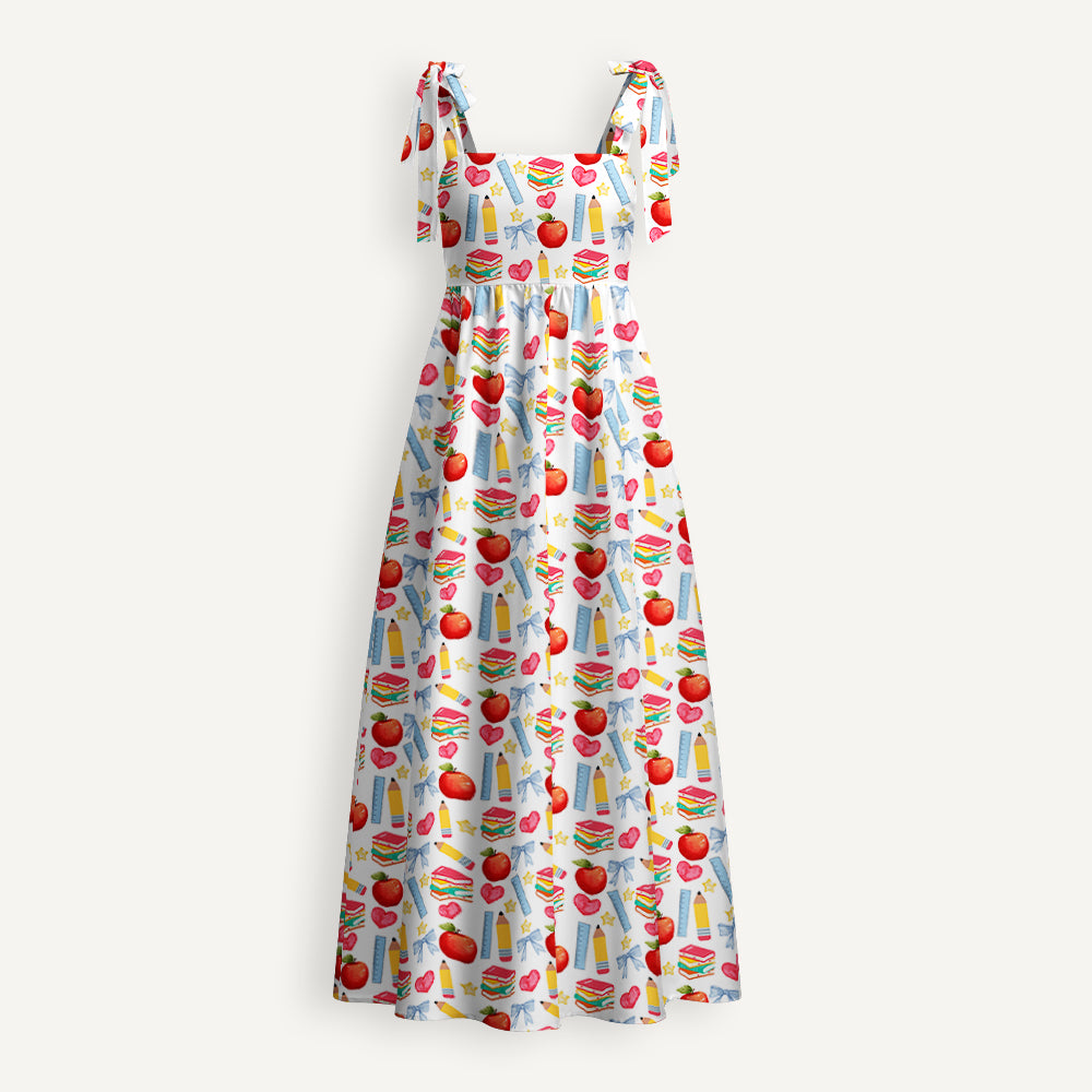 Apple Pencil Books Bow Teacher Tie Shoulder Dress