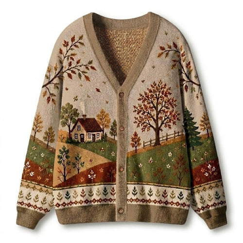 Autumn Cottage Landscape Jacquard Knit Teacher Ugly Cardigan Sweaters