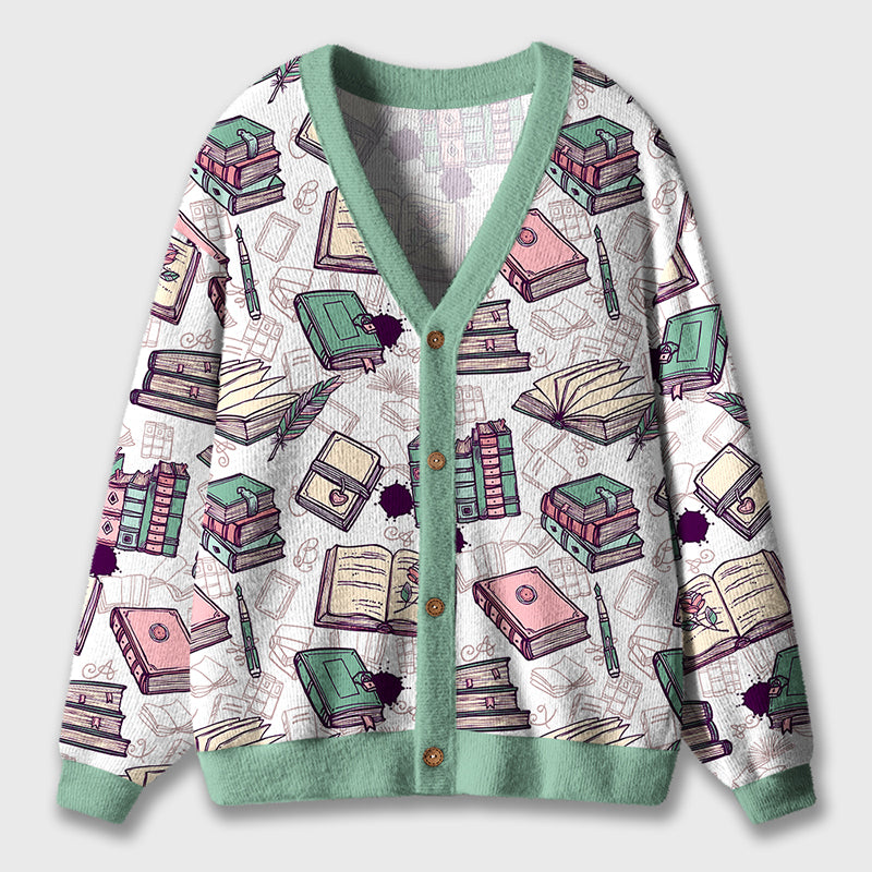 Book Feather Fountain Pen Teacher Ugly Cardigan Sweaters