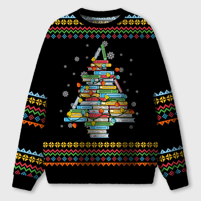 Books Christmas Tree Lights Teacher Ugly Fluffy Sweatshirt