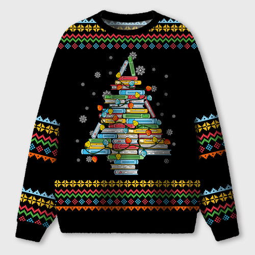 Books Christmas Tree Lights Teacher Ugly Fluffy Sweatshirt