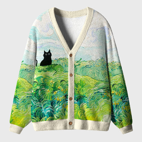 Cat In The Field Teacher Ugly Cardigan Sweaters