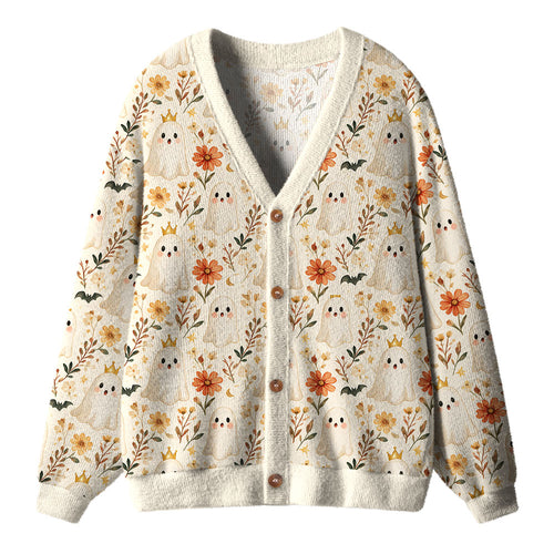 Cute Ghost Floral Fall Halloween Vibes Teacher Ugly Cardigan Sweaters