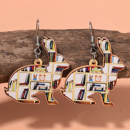Bookcase Rabbit Teacher Wooden Earrings