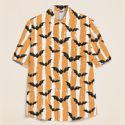 Halloween Orange White Bat Striped Teacher Short Sleeve Shirt