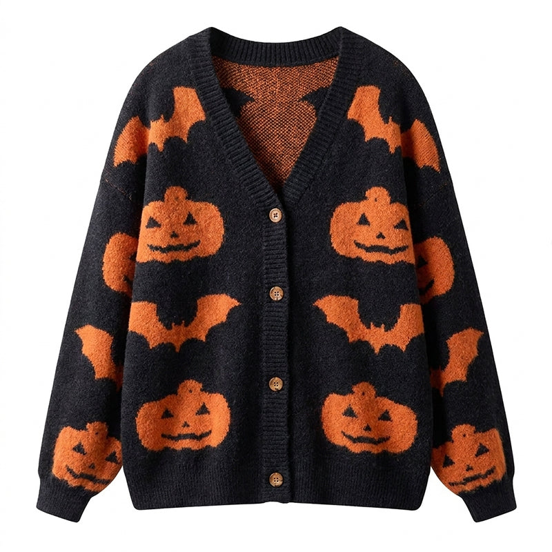 Halloween Pumpkin Bat Jacquard Knit Teacher Ugly Cardigan Sweaters
