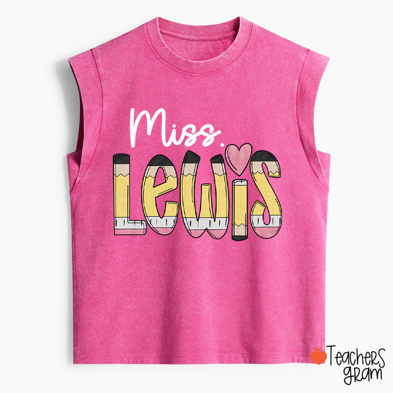 Personalized Pencil Name Teacher Female Washed Tank Top