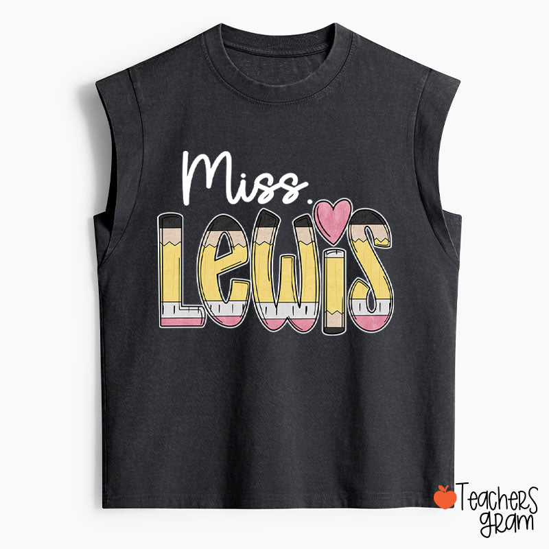 Personalized Pencil Name Teacher Female Washed Tank Top