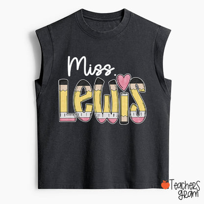 Personalized Pencil Name Teacher Female Washed Tank Top