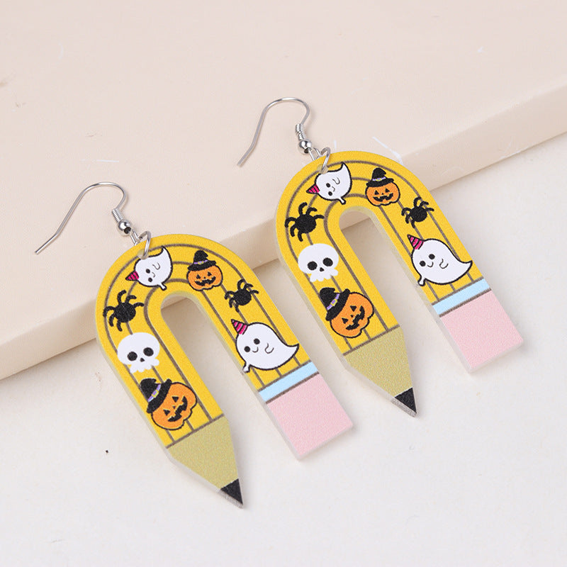 Halloween U-shaped Pencil Teacher Acrylic Earrings