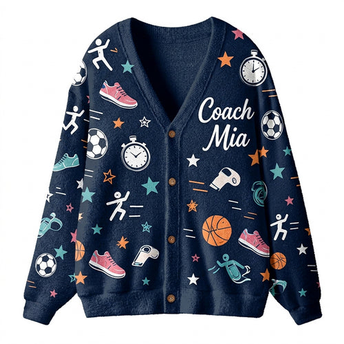 Personalized Coach Name Sport Pattern Teacher Ugly Cardigan Sweaters