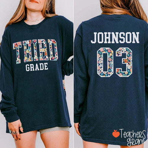 Personalized Grade And Name Floral Fonts Teacher Long Sleeve Two Side T-Shirt
