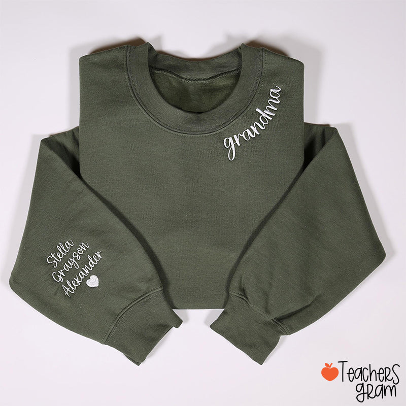 Personalized Grandma With Grandkid Name On Sleeve Teacher Embroidery Sleeve Sweatshirt