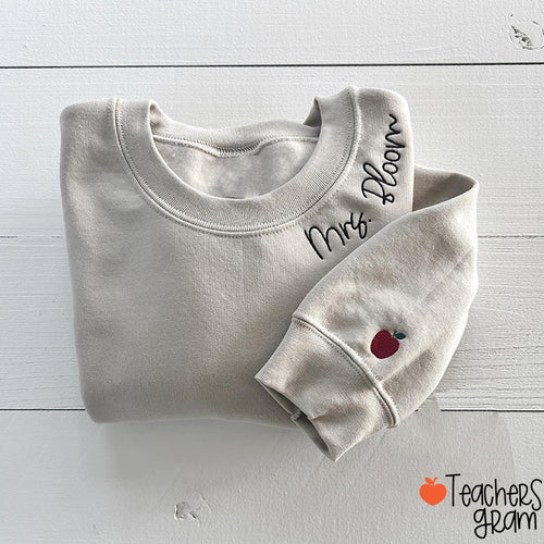 Personalized Name Apple Sleeve Teacher Embroidered Sleeve Sweatshirt