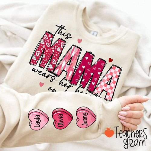 Personalized This Mama Loves Her Hearts On Her Sleeve Teacher Sleeve Print Sweatshirt
