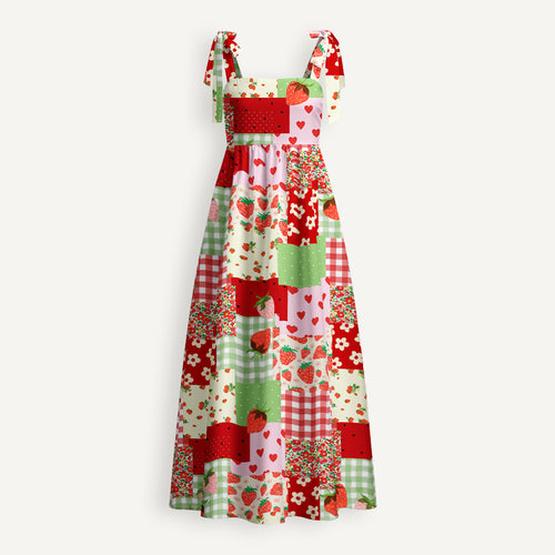 Strawberry Faux Patchwork Print Teacher Tie Shoulder Dress