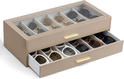 12-Slot Sunglasses Organizer Case with Clear Lid & Drawers – Velvet Eyewear Storage Box for Sunglasses, Glasses & Reading Frames, Vanity and Closet Organization