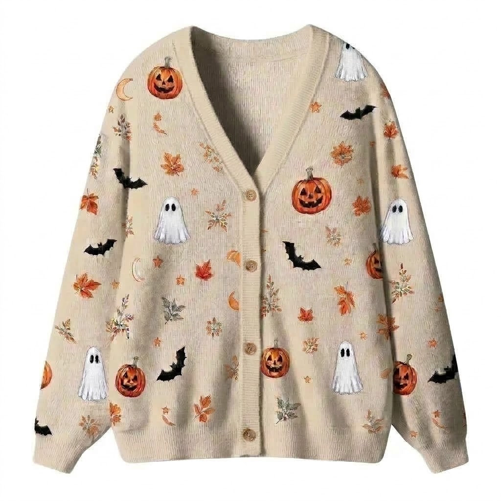 Ghost And Pumpkin Harvest Teacher Ugly Cardigan Sweaters