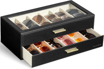 12-Slot Sunglasses Organizer Case with Clear Lid & Drawers – Velvet Eyewear Storage Box for Sunglasses, Glasses & Reading Frames, Vanity and Closet Organization