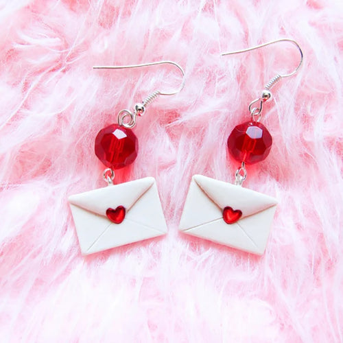 Red Heart Envelope Teacher Clay Earrings