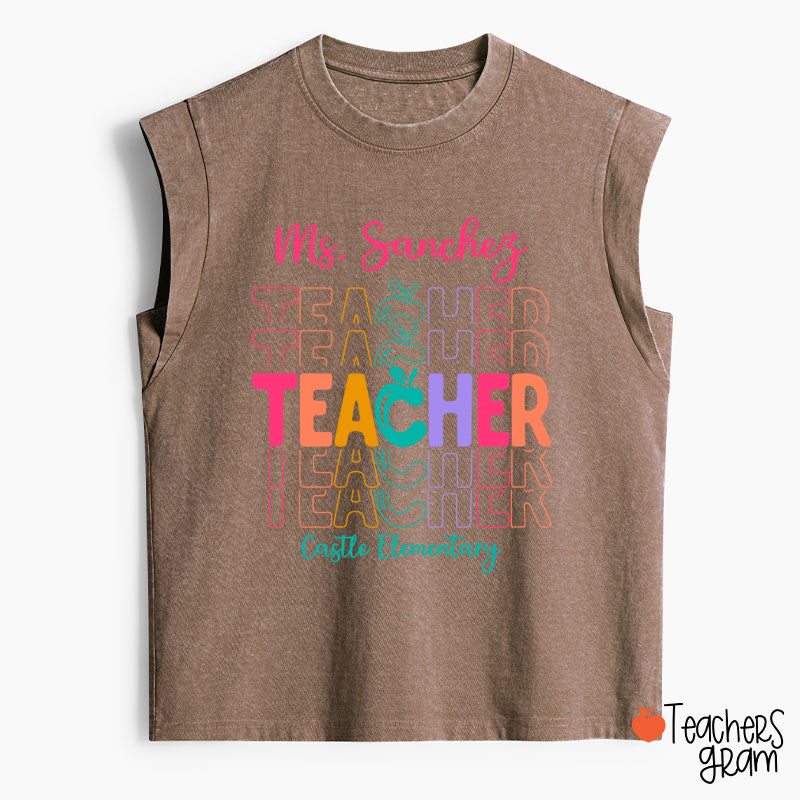 Personalized Colorful Apple Teacher Female Washed Tank Top