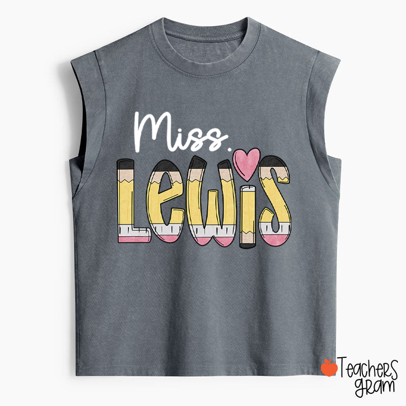 Personalized Pencil Name Teacher Female Washed Tank Top